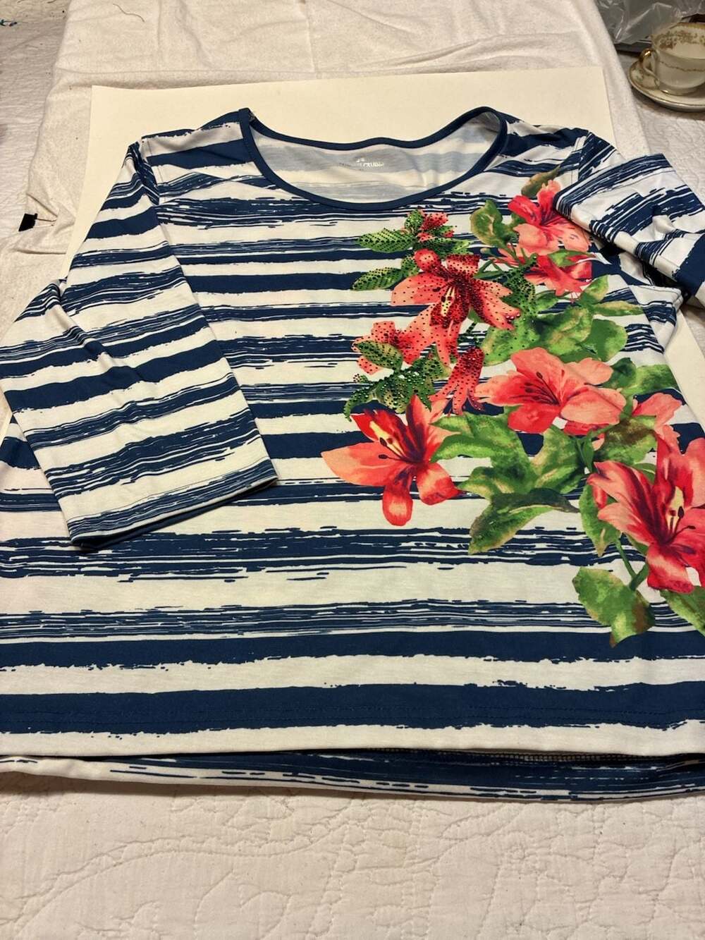 Princess Cruises Women's Striped Floral 3/4 Sleeve Embellished Boat Neck Top